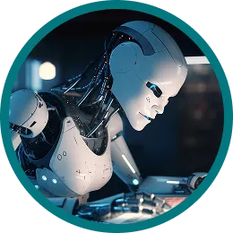 Robot humanoide trabajando sobre un equipo electrónico