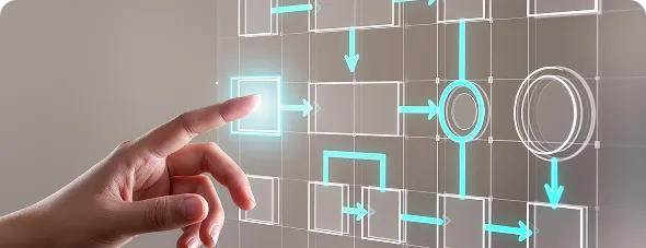 Mano tocando un diagrama de flujo digital que representa el plan de acción