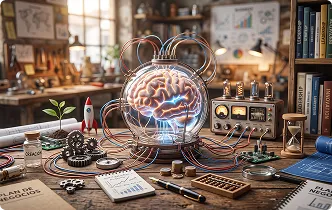Cerebro digital conectado con cables en un taller, imagen del CRM como cerebro del negocio