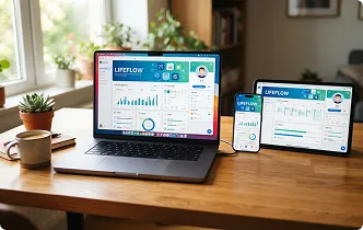 Portátil, tablet y móvil mostrando un portal web con paneles de datos
