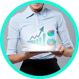 Profesional con una tableta mostrando gráficos de crecimiento