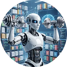 Robot de IA entrenando con pesas en una biblioteca