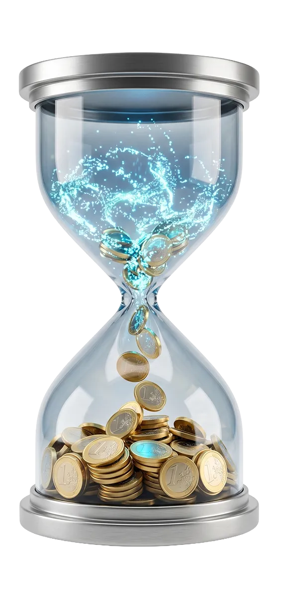 Reloj de arena lleno de monedas, símbolo del tiempo y el dinero que pierdes en tareas manuales