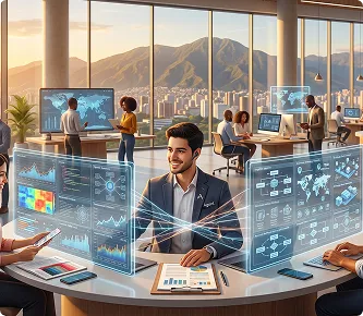 Directivo rodeado de paneles de datos con un agente IA personalizado para su negocio