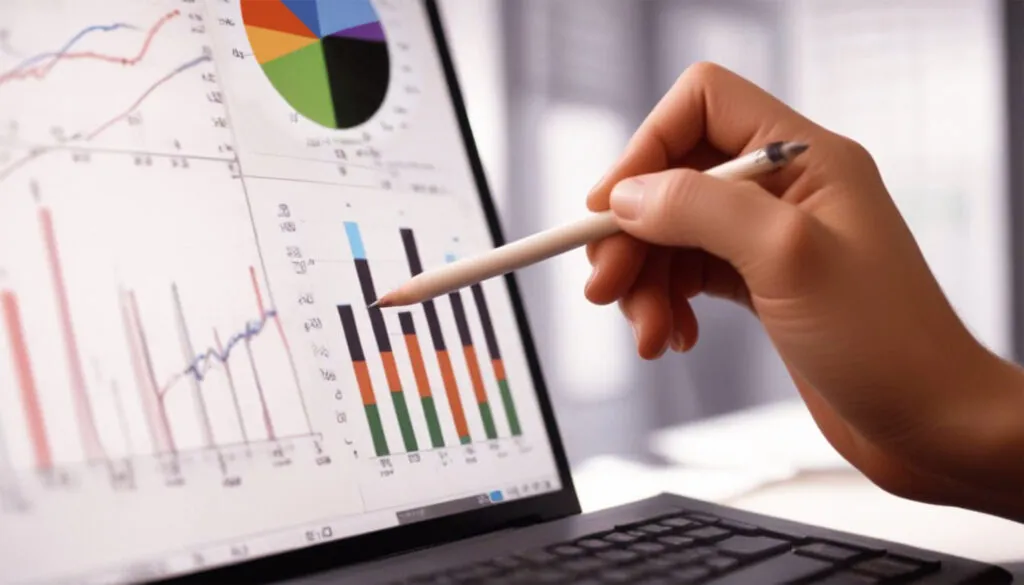 Mano señalando con un lápiz gráficos de resultados en la pantalla de un portátil