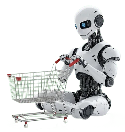 Robot humanoide sentado junto a un carrito de la compra
